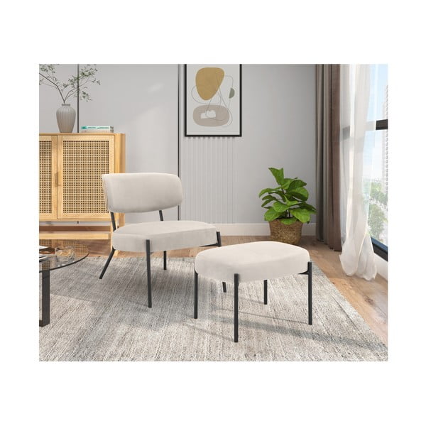 Kremno bel žameten fotelj z naslonjalom za noge Jerry – Støraa-image-2