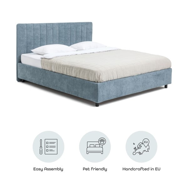 Modra oblazinjena zakonska postelja s prostorom za shranjevanje z letvenim dnom 160x200 cm Myra Slim Line – Bonami Selection-image-4