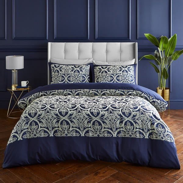 Temno modra posteljnina za zakonsko posteljo 200x200 cm Flock Trellis – Catherine Lansfield