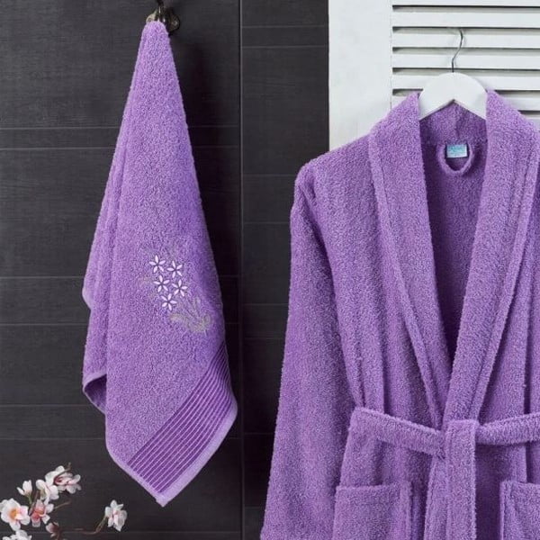 Vijoličen bombažen komplet kopalnega plašča in brisače velikosti S/M – Mila Home-image-1