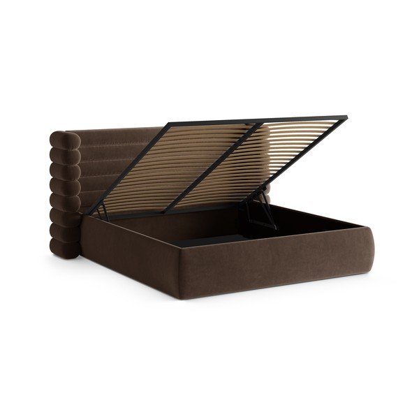 Rjava oblazinjena zakonska postelja s prostorom za shranjevanje in z letvenim dnom 200x200 cm Mount – Micadoni -image-2