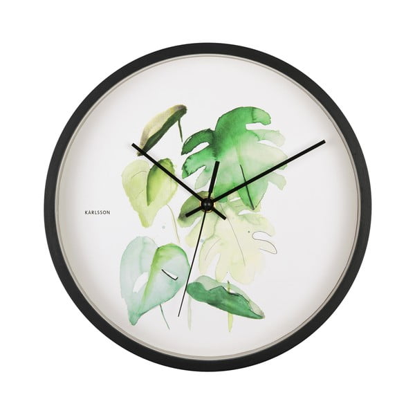 Zeleno-bela stenska ura v črnem okvirju Karlsson Monstera, ø 26 cm