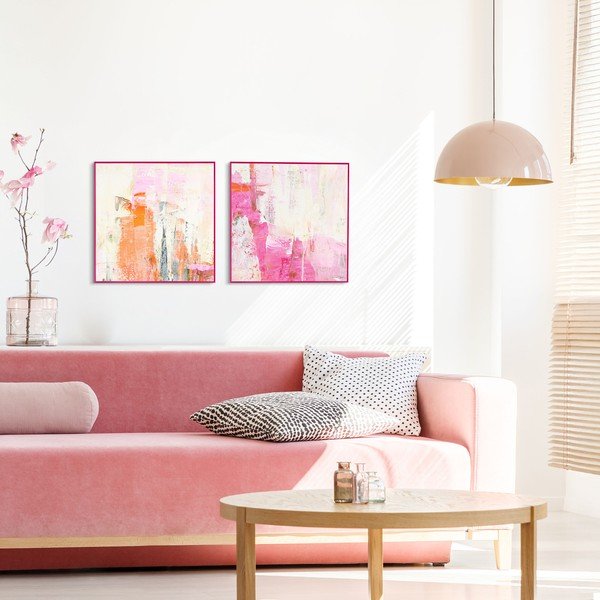 Tiskana slika na platnu z ročno naslikanimi elementi v okvirju v kompletu 2 ks 41,5x41,5 cm New Age Pink – Malerifabrikken-image-1
