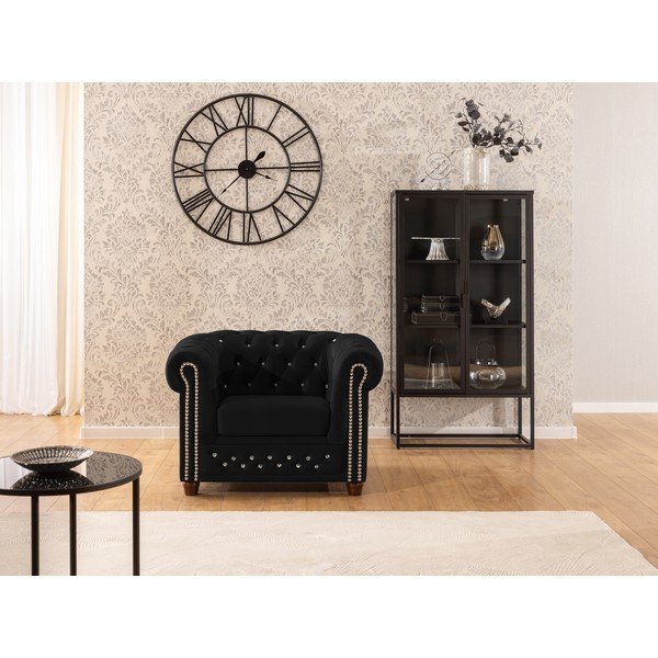 Črn žameten Chesterfield fotelj York Blik – Ropez-image-1