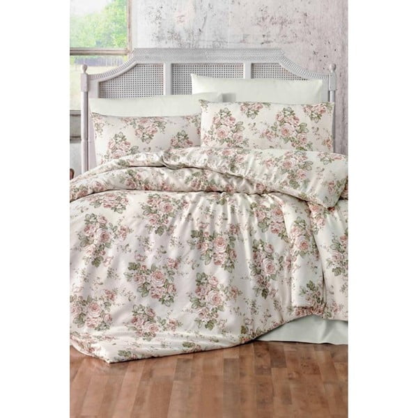 Zeleno-roza podaljšana posteljnina za zakonsko posteljo z rjuho Crescent - Mila Home