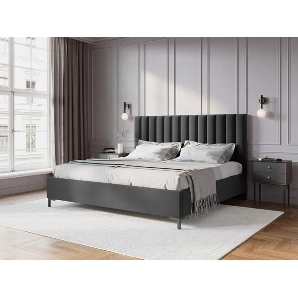 Temno siva oblazinjena zakonska postelja s prostorom za shranjevanje z letvenim dnom 140x200 cm Casey – Mazzini Beds-image-1