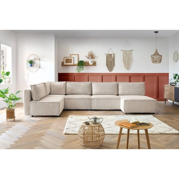 Kremno bela kotna sedežna garnitura iz rebrastega žameta (v obliki črke "U"/s kotom po izbiri) Nihad modular – Bobochic Paris-image-1