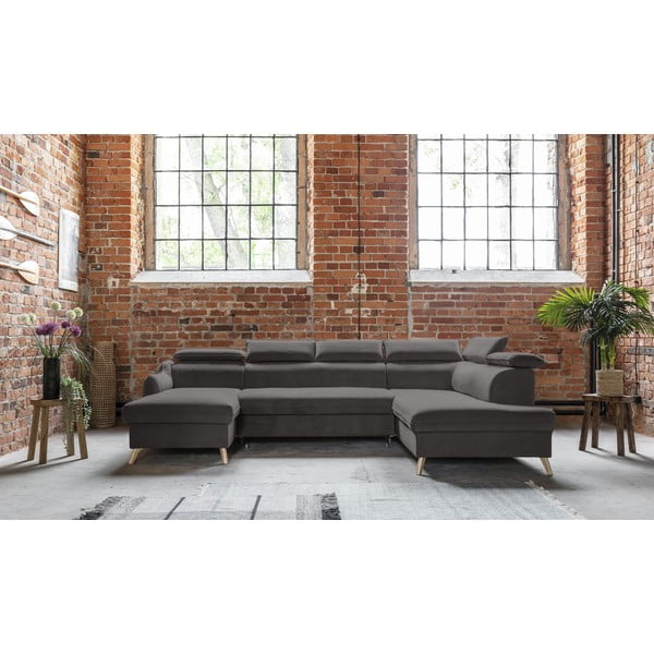 Temno siva žametna raztegljiva kotna sedežna garnitura (desni kot/v obliki črke "U") Sweet Harmony – Miuform-image-1