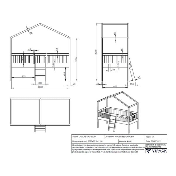 Bela dvignjena otroška postelja iz masivnega bora v obliki hiške 90x200 cm DALLAS – Vipack-image-3