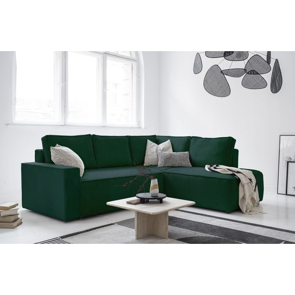 Temno zelena raztegljiva kotna sedežna garnitura iz rebrastega žameta (desni kot) Brave Dave – Miuform-image-3