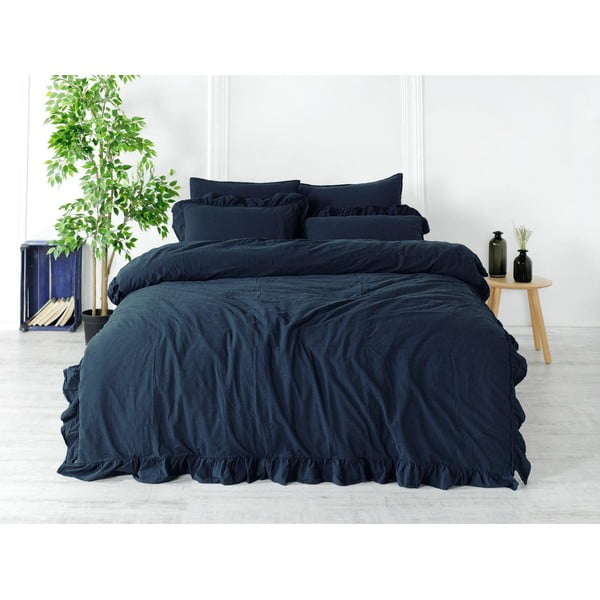 Temno modra podaljšana posteljnina za zakonsko posteljo iz renforce bombaža 240x220 cm Ruffle Striped – Mila Home Luxury-image-1