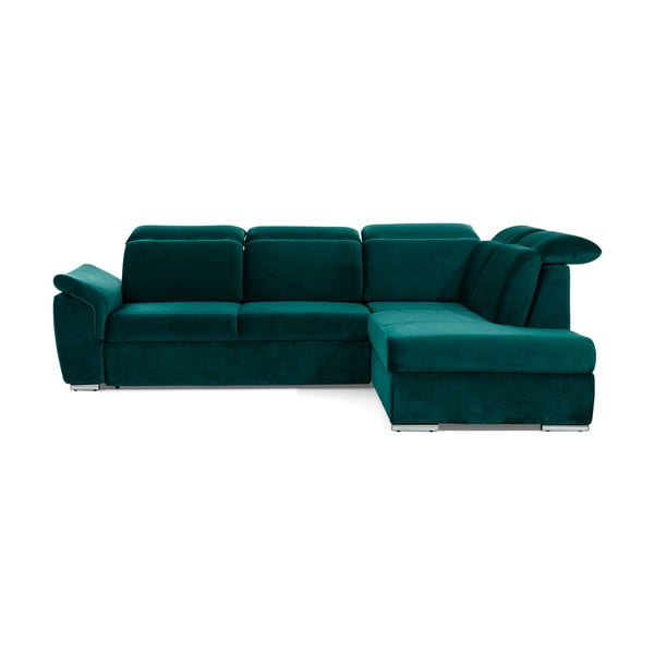 Zelena žametna raztegljiva/s prostorom za shranjevanje kotna sedežna garnitura (desni kot/v obliki črke L) Loreto – ELTAP