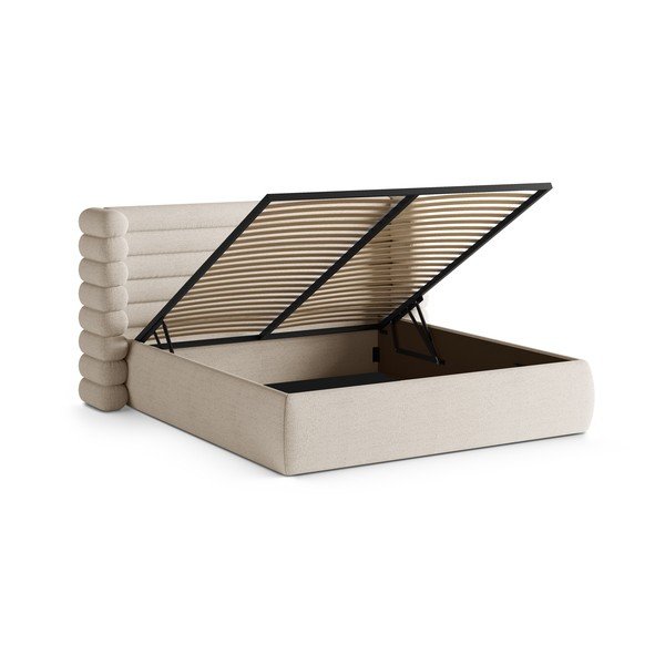 Bež oblazinjena zakonska postelja s prostorom za shranjevanje in z letvenim dnom 200x200 cm Mount – Micadoni -image-2