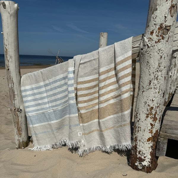 Modra lanena brisača za na plažo 85x140 cm Allure Stripe – Linen Tales-image-4