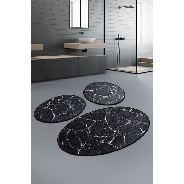Komplet 3 črnih ovalnih kopalniških preprog Foutastic Marble