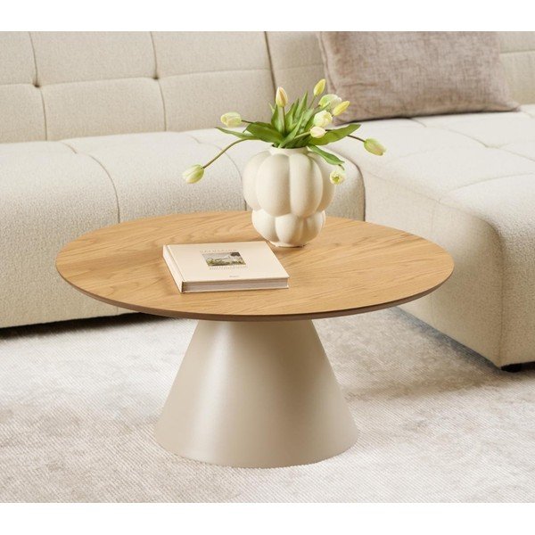 Kremno bela okrogla mizica z mizno ploščo v hrastovem dekorju ø 85 cm Soli – Actona-image-1