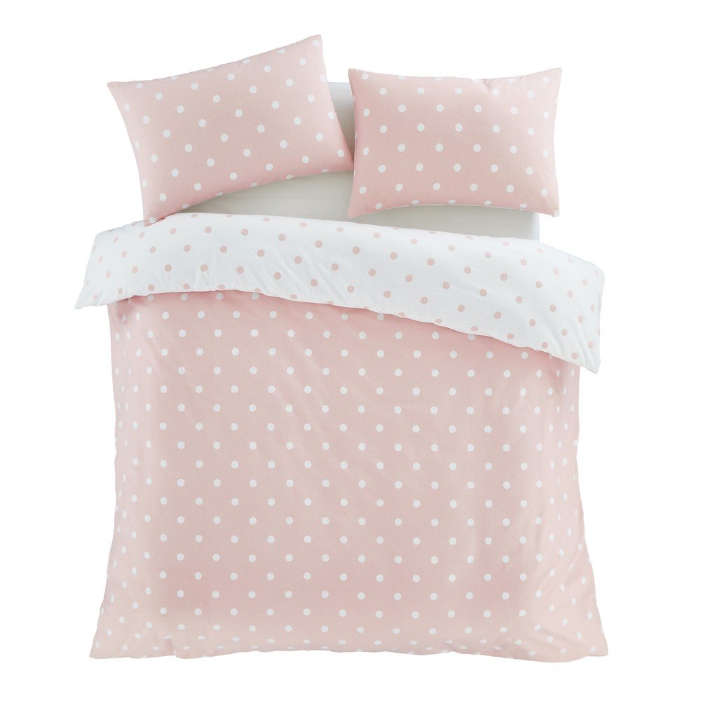 Bela/rožnata enojna flanelna posteljnina Polka Dot