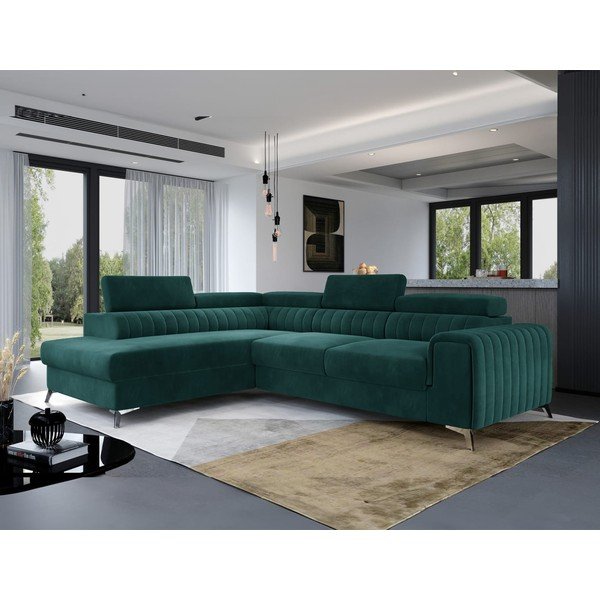 Zelena žametna raztegljiva/s prostorom za shranjevanje kotna sedežna garnitura (levi kot/v obliki črke L) Laurence – ELTAP-image-1