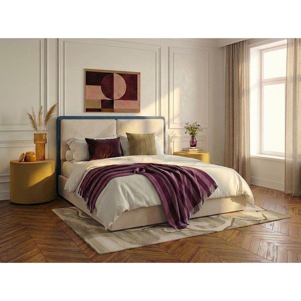 Modra/bež oblazinjena zakonska postelja s prostorom za shranjevanje z letvenim dnom 180x200 cm Mara – Bobochic Paris-image-1