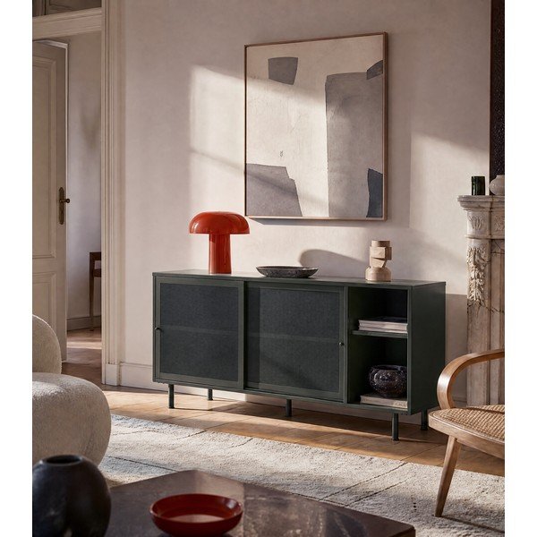 Temno zelena kovinska nizka komoda z drsnimi vrati 160x75 cm Veep – Unique Furniture-image-1