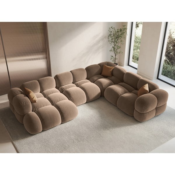 Rjava žametna kotna sedežna garnitura (desni kot/v obliki črke "U") Loretto – Cosmopolitan Design-image-1