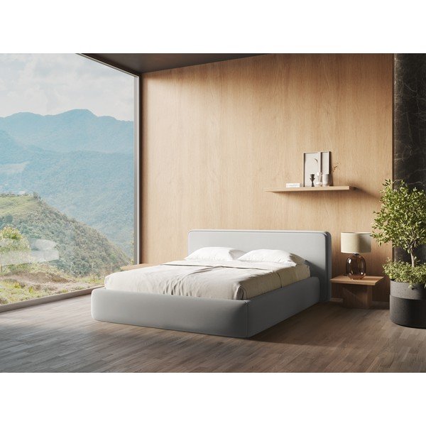 Svetlo siva oblazinjena zakonska postelja s prostorom za shranjevanje z letvenim dnom 180x200 cm Kiana – Makamii-image-1