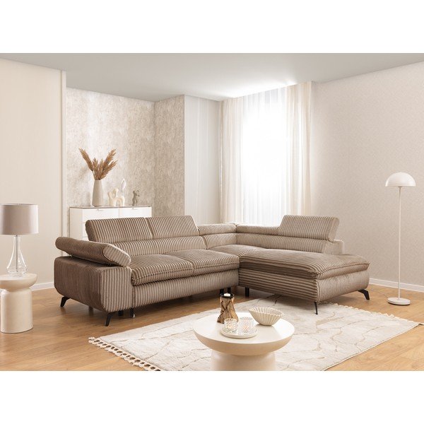 Rjava kotna sedežna garnitura iz rebrastega žameta (desni kot/v obliki črke L) Marbeya  – Ropez-image-1