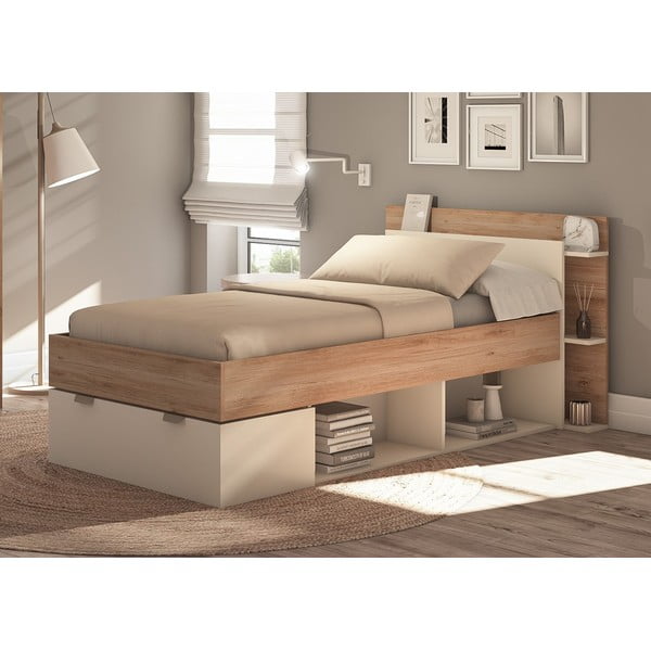 Bela/naravna postelja v hrastovem dekorju s prostorom za shranjevanje brez letvenega dna 90x200 cm Albo – Marckeric-image-1