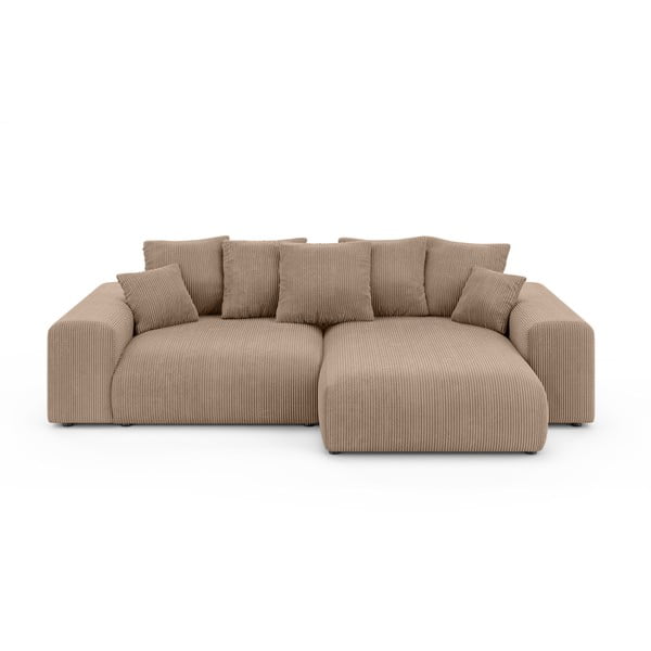 Bež raztegljiva kotna sedežna garnitura iz rebrastega žameta s prostorom za shranjevanje (s kotom po izbiri) Luma – Ropez