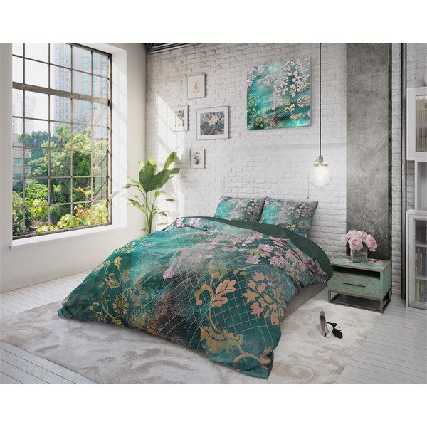 Zelena bombažna posteljnina za zakonsko posteljo Pure Cotton Tiran Flower, 240 x 200 cm-image-1