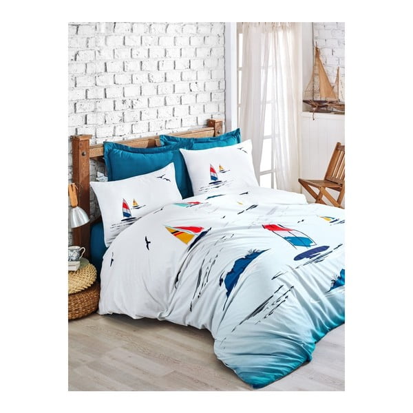 Bombažna posteljnina z rjuho za zakonsko posteljo Neta Blue, 200 x 220 cm