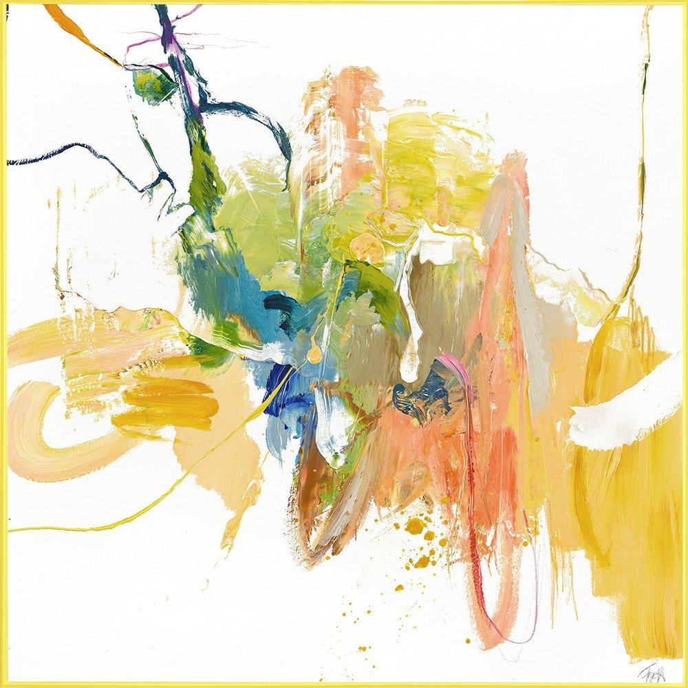 Slika z ročno naslikanimi elementi 102x102 cm Confidential Yellow