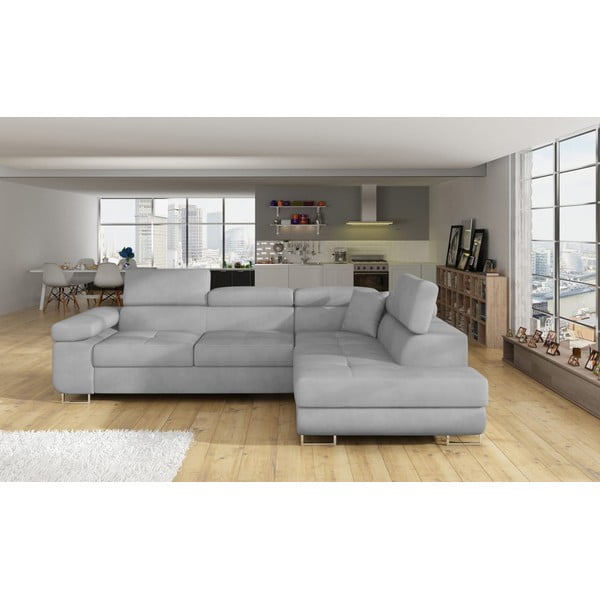 Svetlo siva žametna raztegljiva/s prostorom za shranjevanje kotna sedežna garnitura (desni kot/v obliki črke L) Anton – ELTAP-image-1