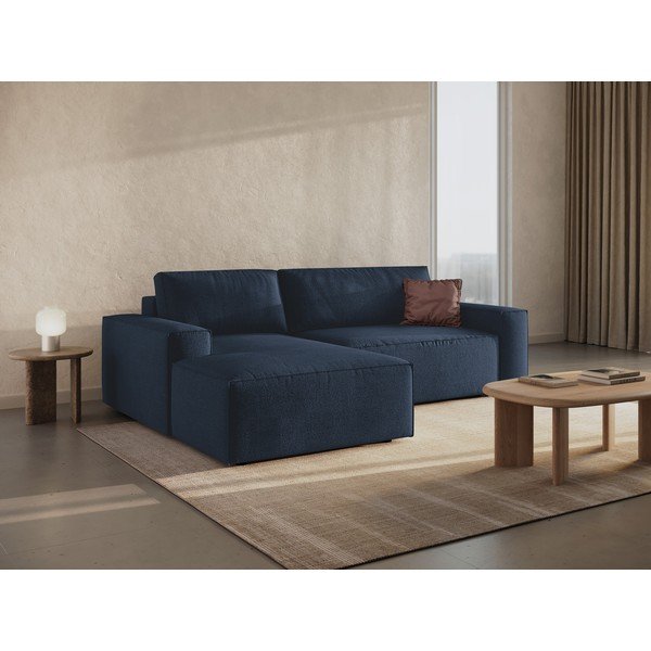 Temno modra raztegljiva kotna sedežna garnitura iz tkanine bouclé (levi kot) Jodie – Micadoni Home-image-1