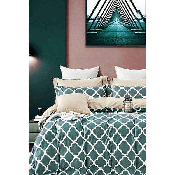 Zelena/bež podaljšana bombažna posteljnina za zakonsko posteljo z rjuho 200x220 cm Geometric – Mila Home
