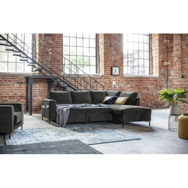 Temno siva žametna raztegljiva kotna sedežna garnitura (desni kot) Lofty Lilly – Miuform-image-1
