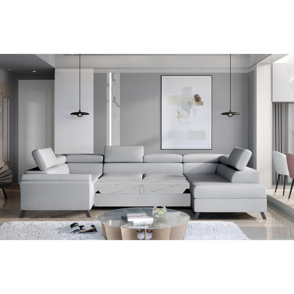 Svetlo siva žametna raztegljiva/s prostorom za shranjevanje kotna sedežna garnitura (desni kot/v obliki črke "U") Escada – ELTAP-image-2