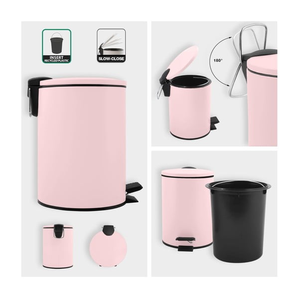 Rožnat jeklen koš za smeti s pedalom 3 l Adelar – Spirella-image-2