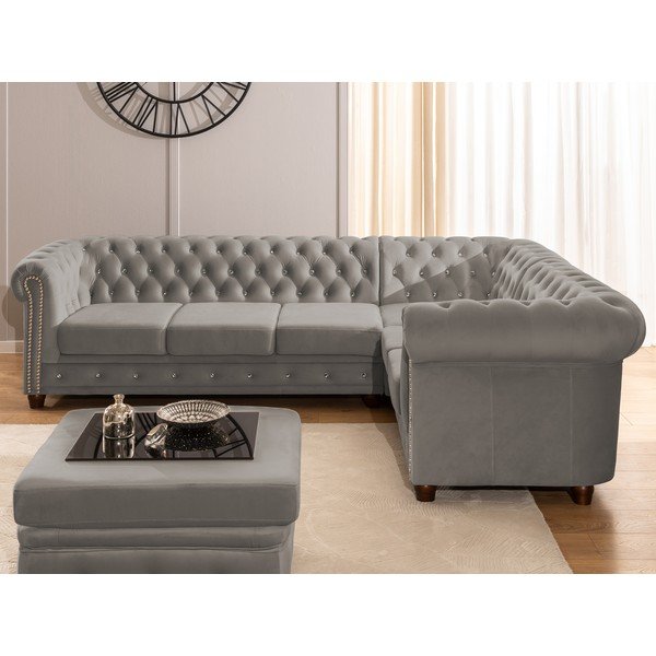 Siva žametna raztegljiva kotna sedežna garnitura (desni kot/v obliki črke L) York Blik – Ropez-image-4