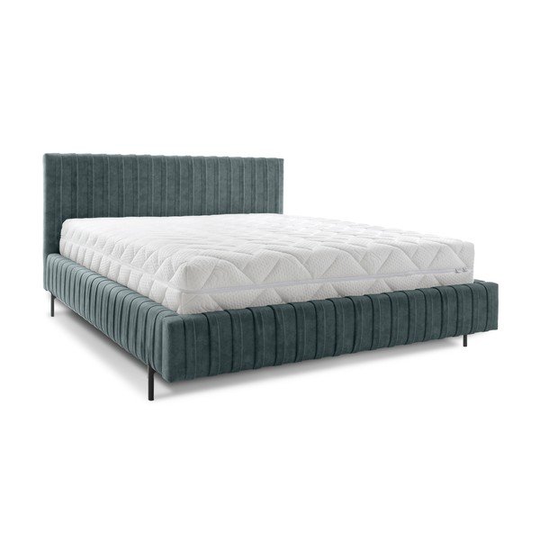 Modrozelena oblazinjena zakonska postelja s prostorom za shranjevanje in z letvenim dnom 160x200 cm Plissa – ELTAP