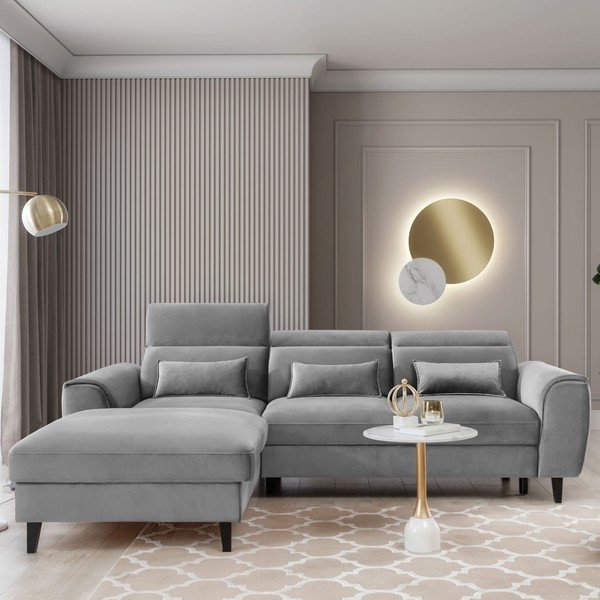 Siva žametna raztegljiva/s prostorom za shranjevanje kotna sedežna garnitura (levi kot/z ležalnikom) Foble – ELTAP-image-1