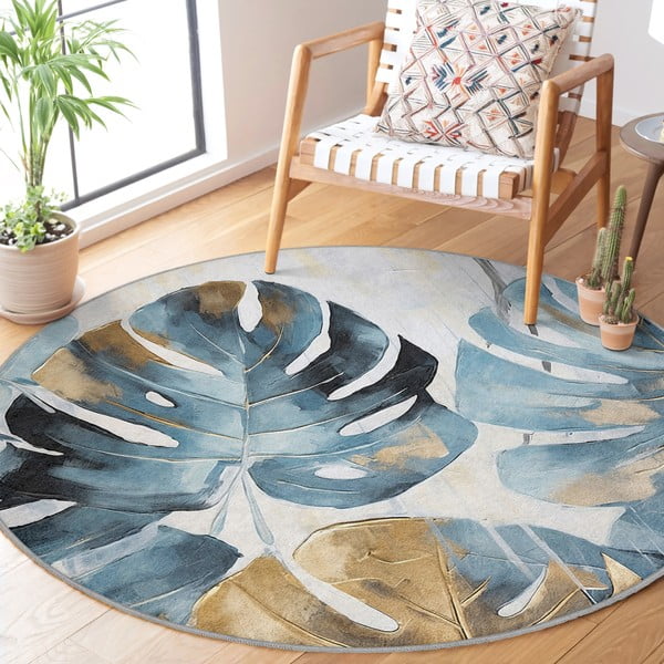 Modra pralna okrogla preproga ø 150 cm Golden Leaves – Mila Home-image-2