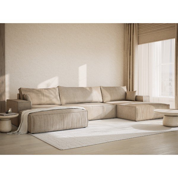 Bež raztegljiva/s prostorom za shranjevanje kotna sedežna garnitura iz šenilje (v obliki črke "U") Kyoto – Maison de Rêve-image-1