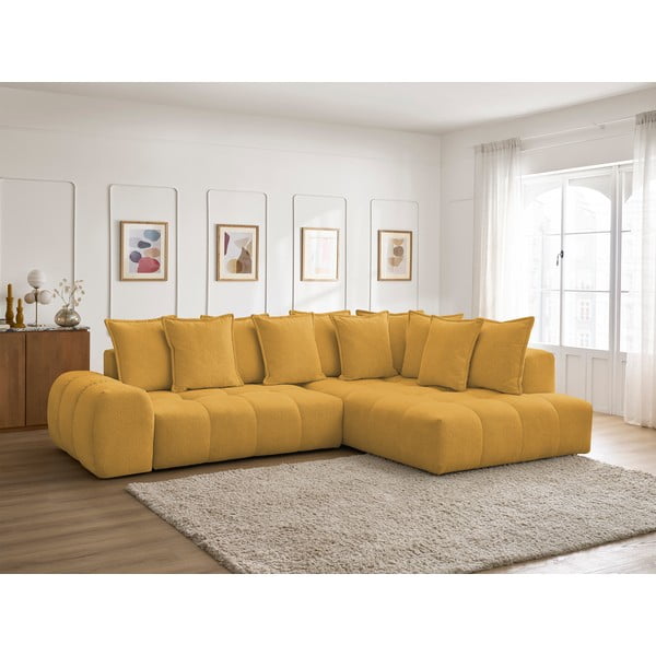 Gorčično rumena raztegljiva/s prostorom za shranjevanje kotna sedežna garnitura iz šenilje (desni kot/v obliki črke L) Everest – Bobochic Paris-image-1