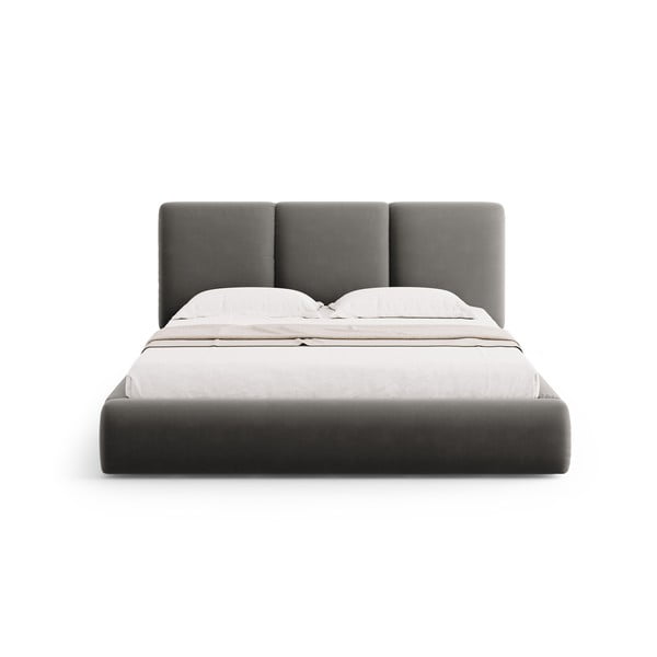 Siva žametna oblazinjena zakonska postelja s prostorom za shranjevanje in z letvenim dnom 160x200 cm Brody – Mazzini Beds-image-3