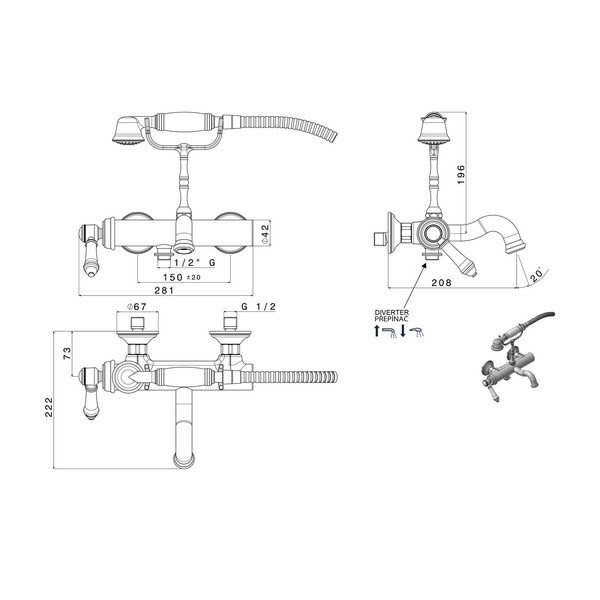 Stenska armatura za kad v sijajno srebrni barvi (2 izhoda) Vienna – Sapho-image-1