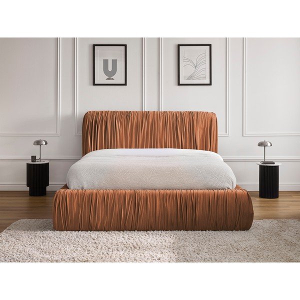 Oranžna oblazinjena zakonska postelja s prostorom za shranjevanje in letvenim dnom 180x200 cm Blair – Bobochic Paris-image-1