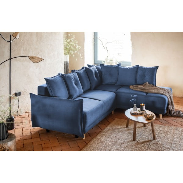 Temno modra raztegljiva kotna sedežna garnitura iz rebrastega žameta (desni kot) Lazy Lukka – Miuform-image-3