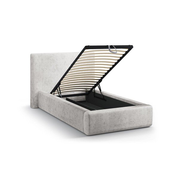 Svetlo siva oblazinjena postelja s prostorom za shranjevanje in z letvenim dnom 90x200 cm Amy – Micadoni -image-1