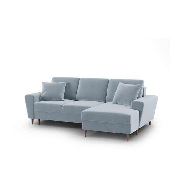 Svetlo modra žametna raztegljiva kotna sedežna garnitura s prostorom za shranjevanje (desni kot/z ležalnikom) Kyoto – Cosmopolitan Design-image-1